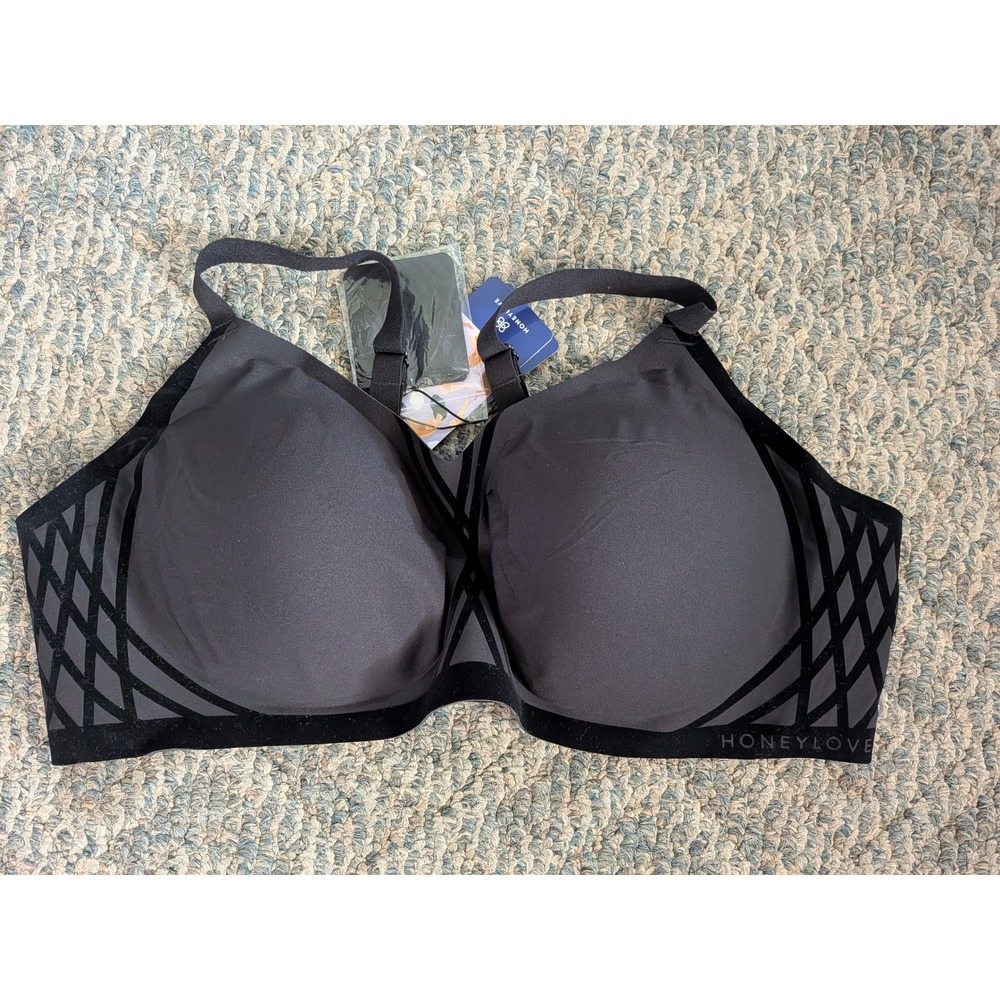 Honeylove Crossover Bra Black Wireless Support Flocked Detail LWBRO203 Size 3X